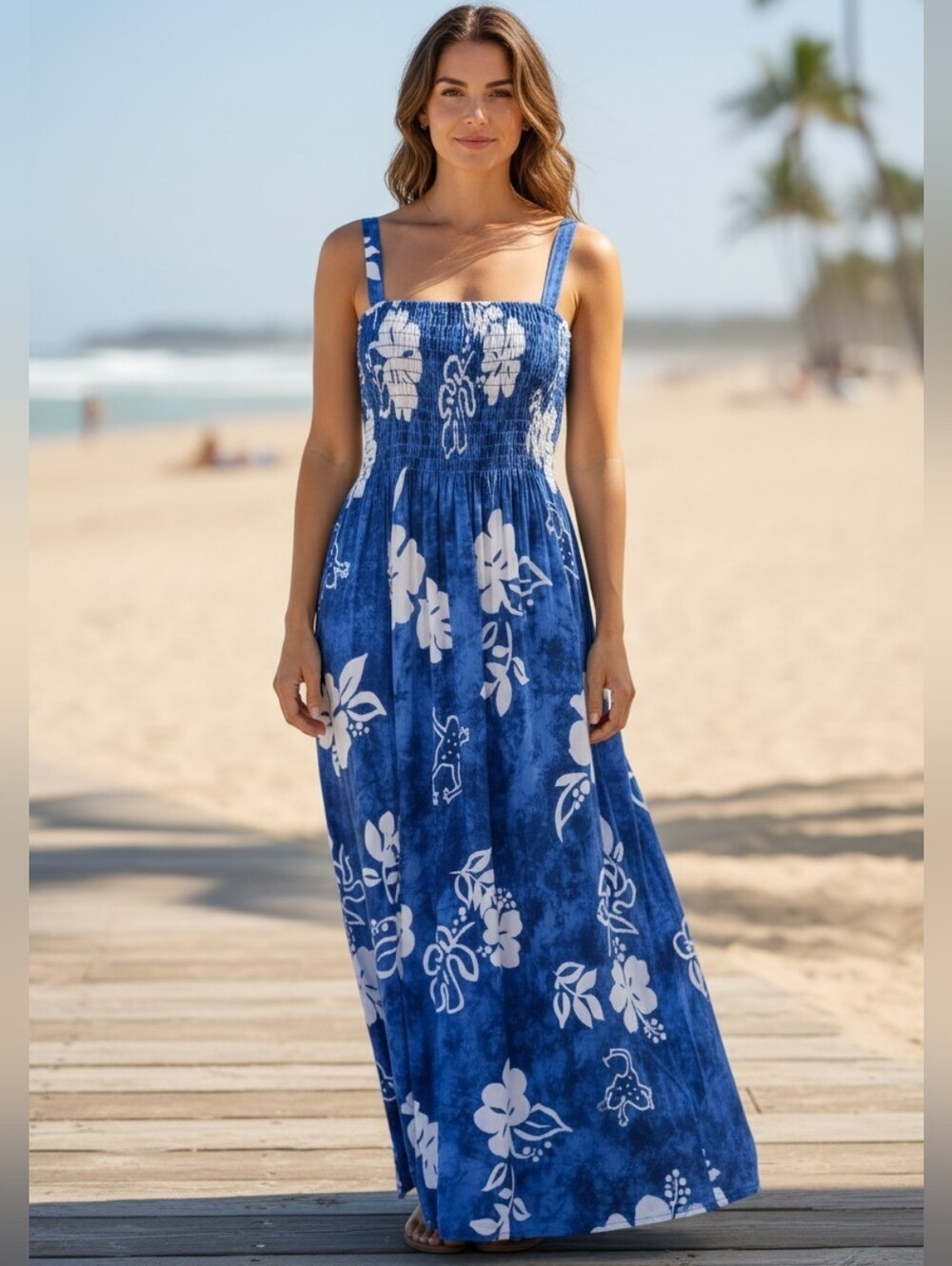 New Desert Shores Blue Dress with White Floral Print Maxi/Midi Sz. M